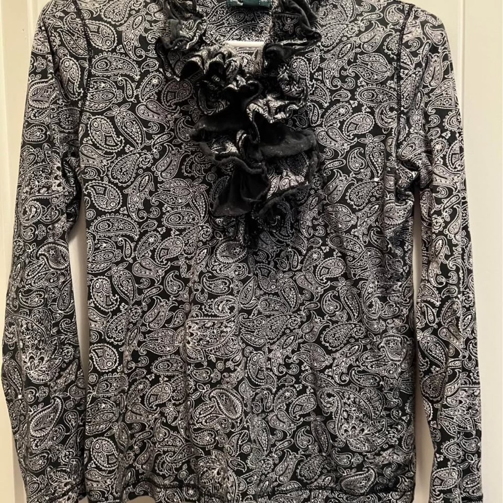 Black and White Paisley Ruffle Blouse S